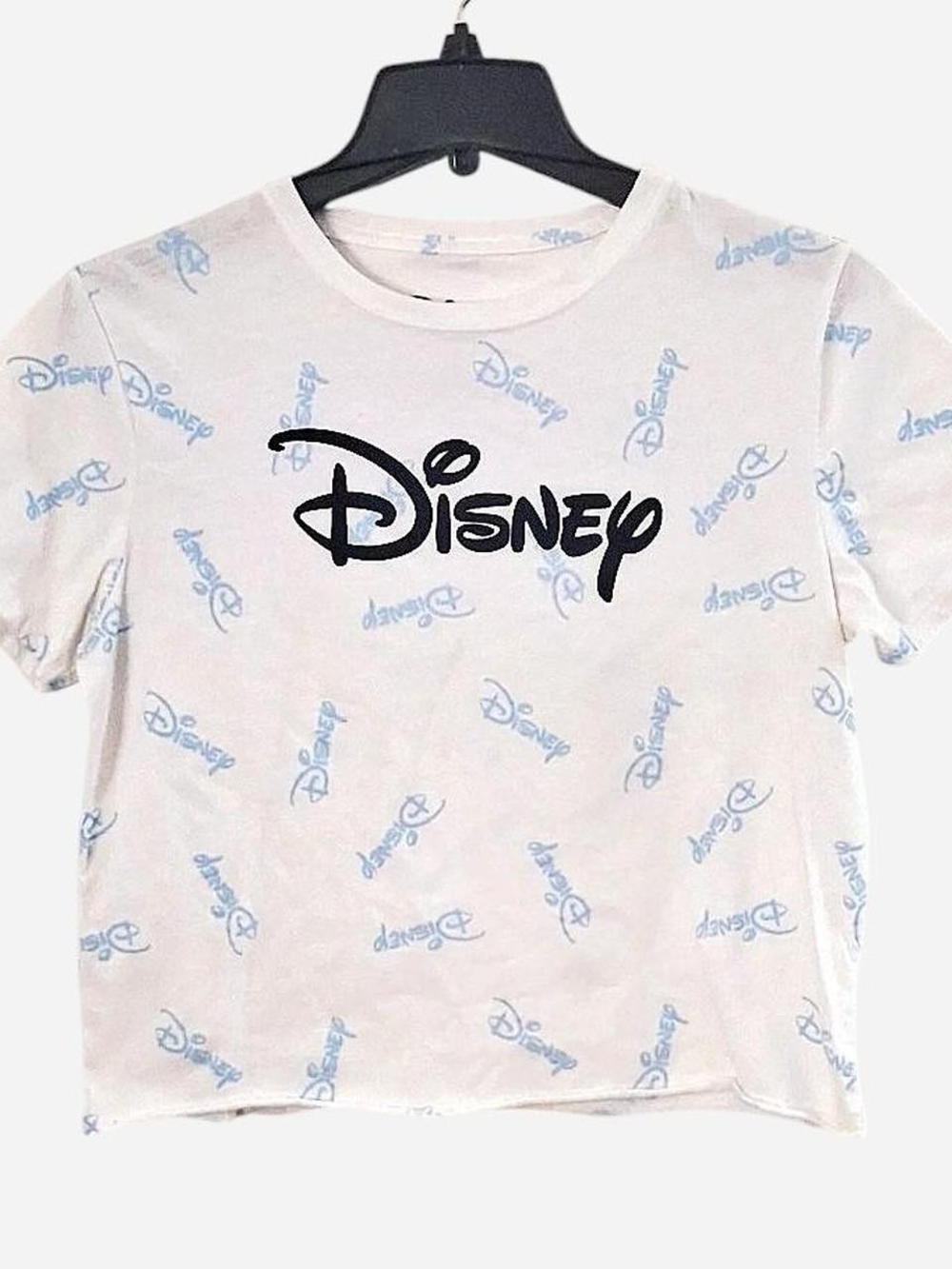 Disney White Crop Tee with Black Logo and Light Blue Script